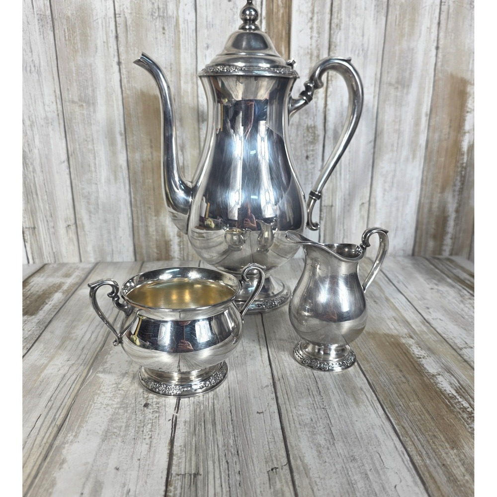 Vintage Silver Plated Coffee Pot Sugar Bowl and Creamer Set Floral Trim 3 Piece - Picture 7 of 16